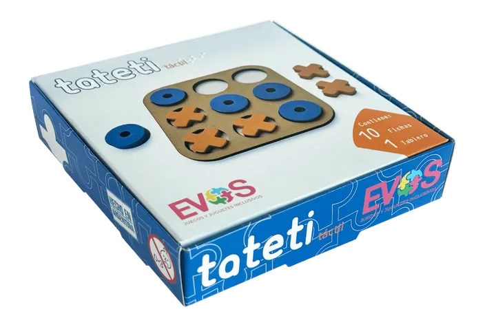 Caja de Tateti con una imagen del tablero e información sobre el contenido de la caja.