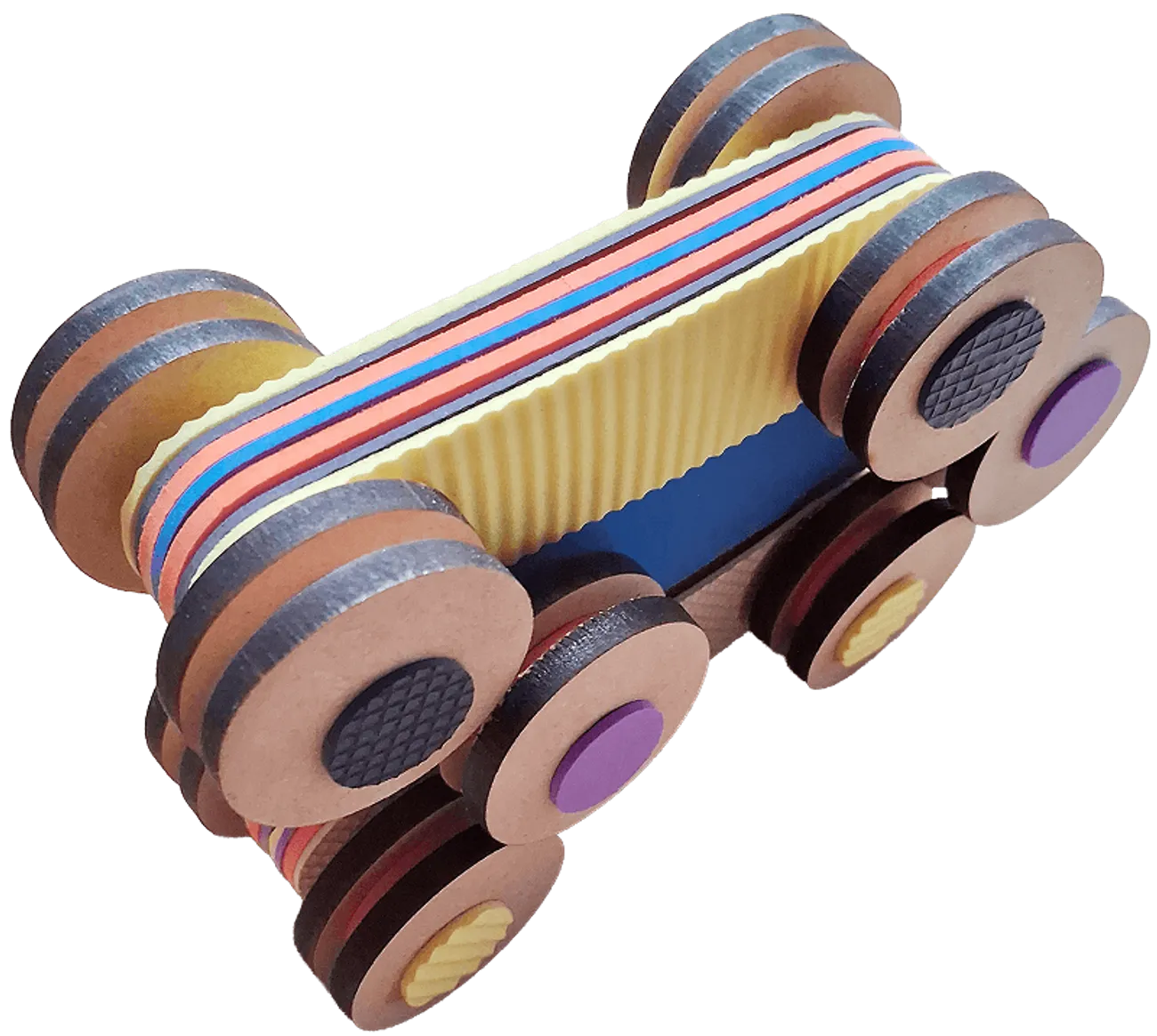 Tres autos chuecos apilados uno sobre otro.